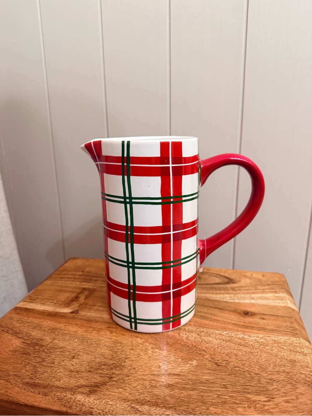 Red Plaid Ceramic Pitcher with Green Accents - Home Dining